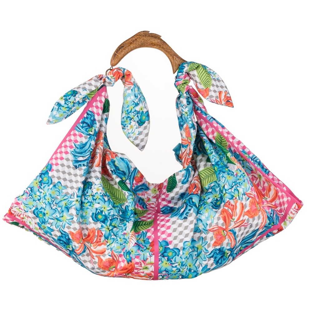“Farm rio type” Floral Patterned scarf bag with Wooden Handles